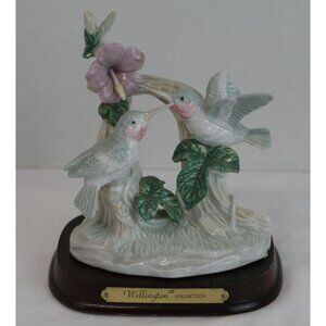 Wellington Collection Porcelain Ceramic Hummingbirds w Wooden Stand Vintage Used